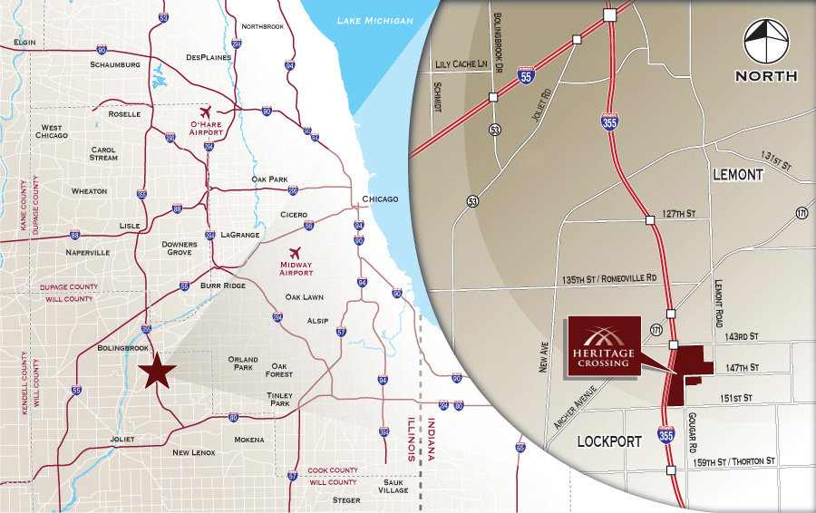 Illustrated maps of the Heritage Crossing local and regional location